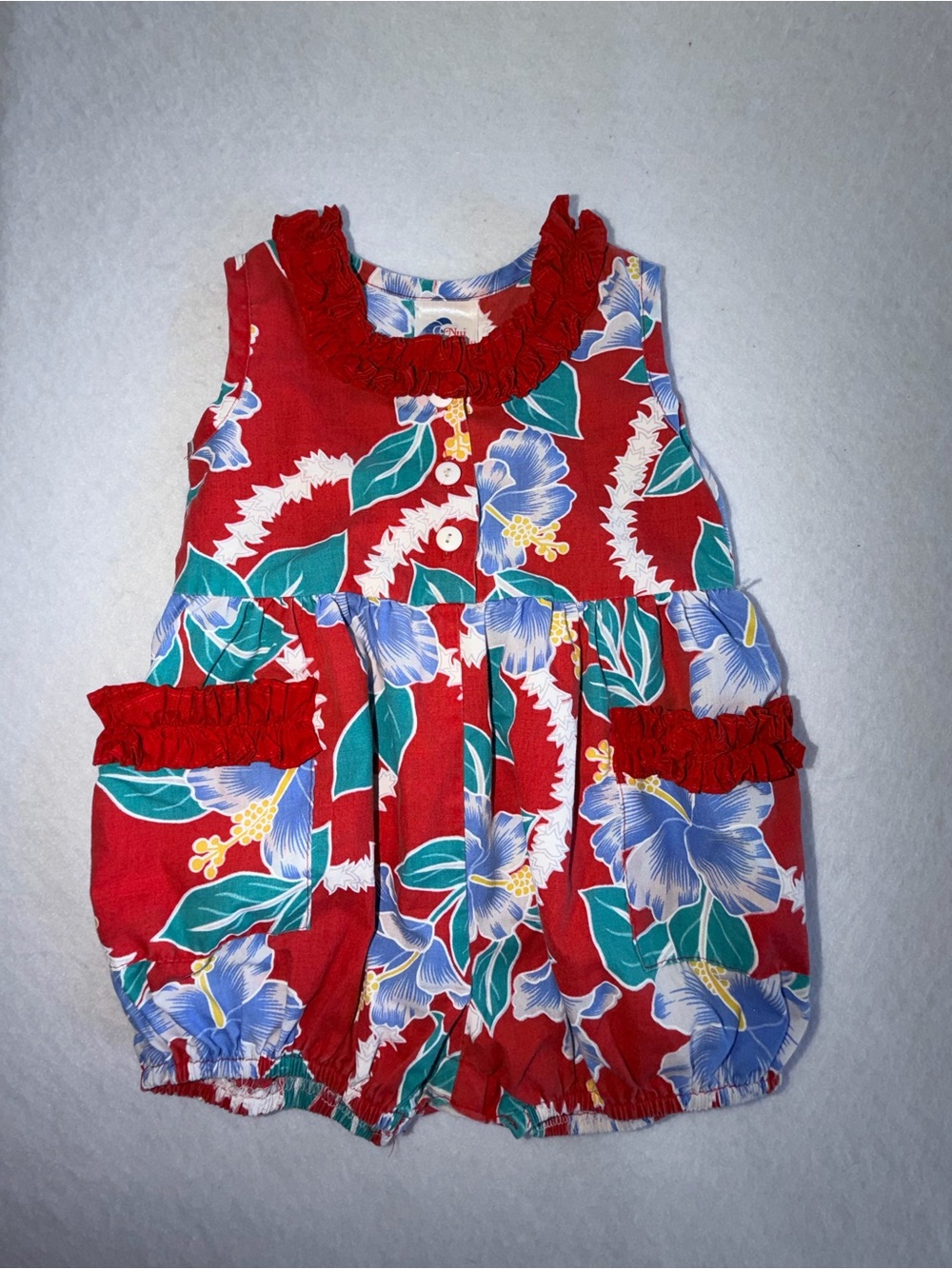 Vintage Nui Nalu Hawaiian Red Hibiscus Floral Ruffle Baby Romper